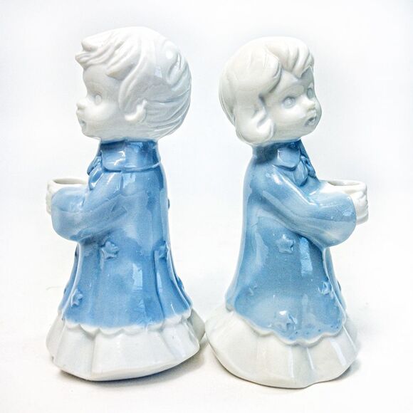 Pair Blue Angel Children Porcelain Candle Holders - Picture 1 of 6
